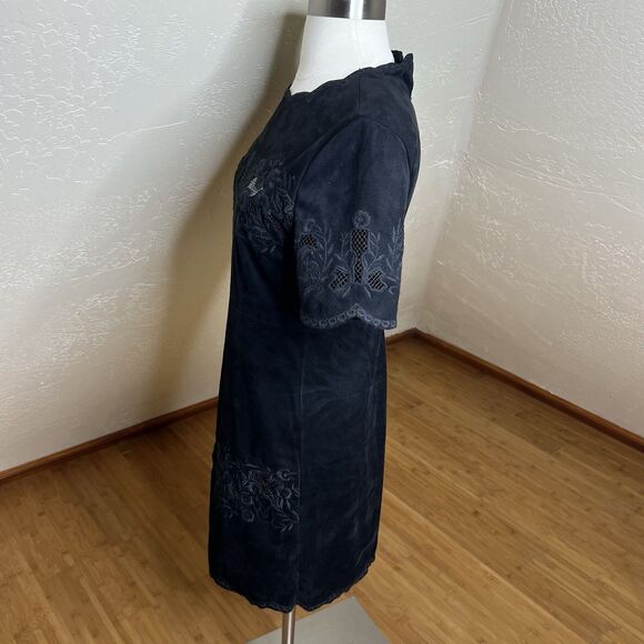 Zara Mini Dress Womens Small Black Micro Suede Cutout Floral Embroidery - Picture 6 of 8